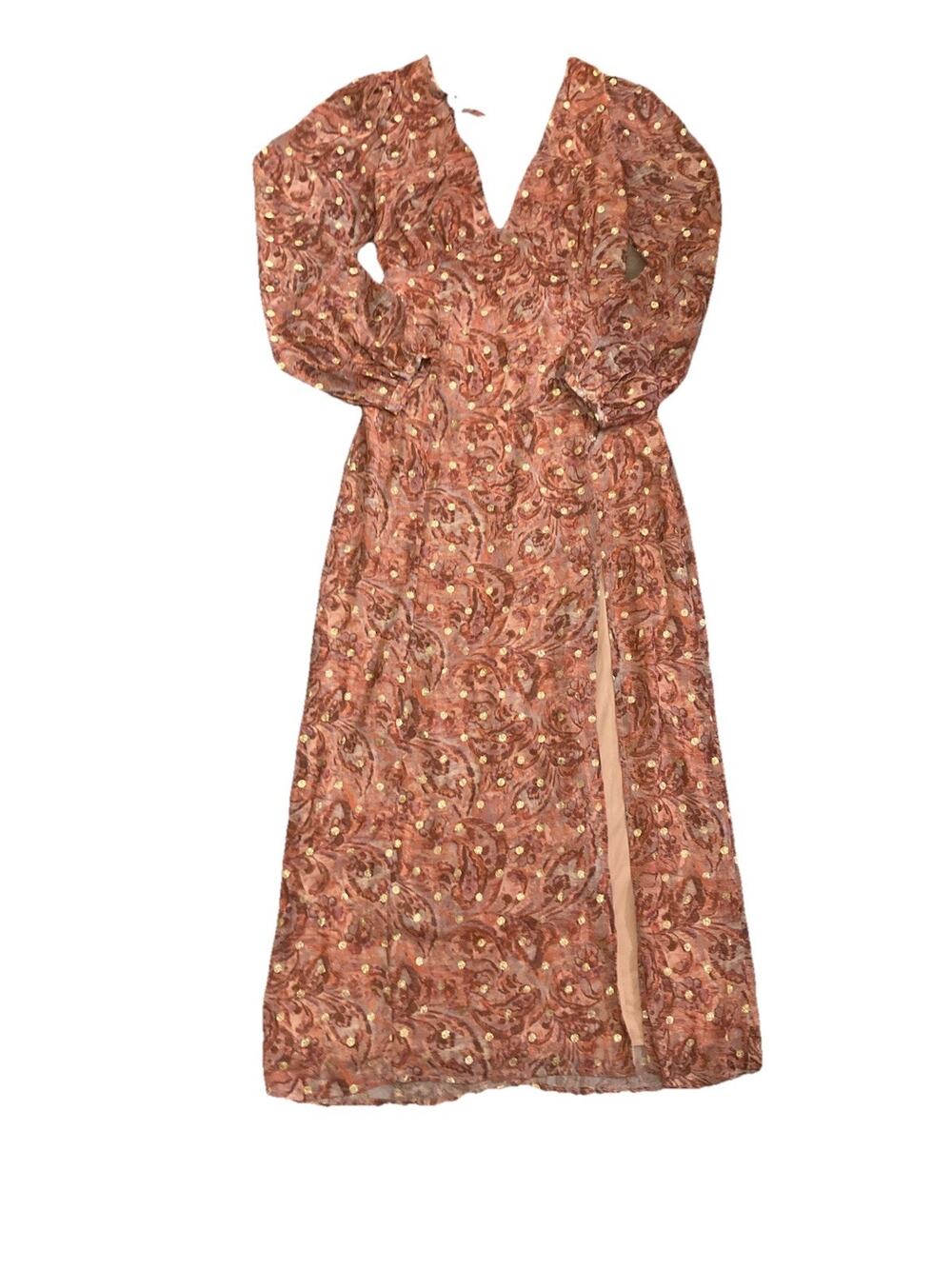 Anna Grace Women Size M Multicolor Paisley Golden V Neck Long Sleeve Maxi Dress